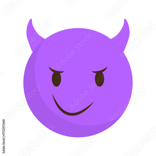Devil emoji character. Purple Vector horn face. Evil villain symbol. Bad emotion detail.