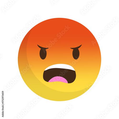 Angry yellow emoji. Open mouth expression. Furious emotion Vector face. Red mood icon.
