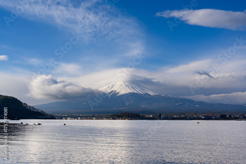 Fuji mountain at Lake Kawaguchiko in Yamanashi, Japan. Mount Fujisan with cloud cap on the peak in the morning.