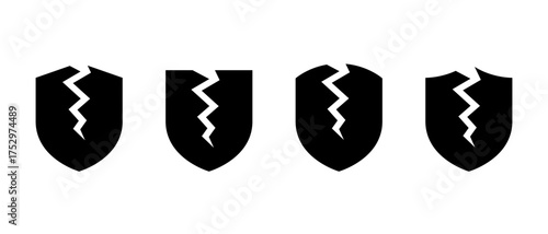 Broken shield icon set. Cracked protection and security failure symbol