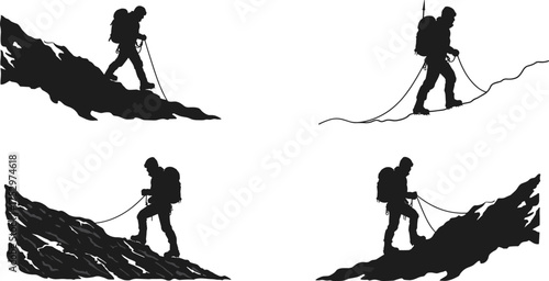 Silhouette of mountain climber hiking steep rocks, adventure hiker climbing mountain slope, outdoor exploration illustration, extreme sports, nature expedition concept