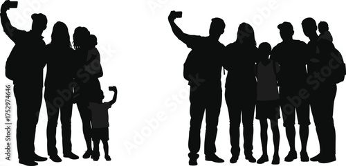 Silhouette of family taking selfie together, parents children and friends group posing outdoors, happy people photographing, modern lifestyle moment captured