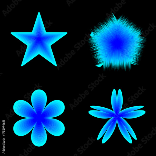 Abstract conceptual collection of vibrant blue neon glowing shapes including a star and flowers isolated on a black background