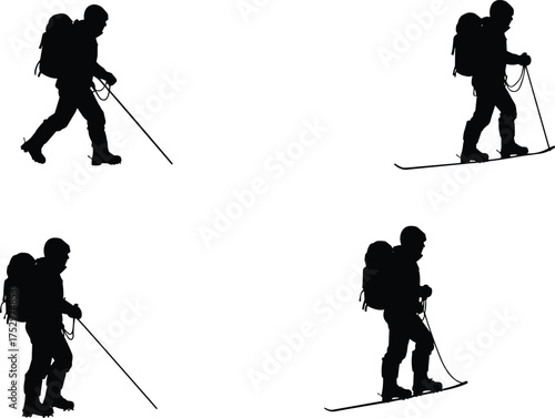 Silhouette of mountaineer walking with ski poles, adventure hiker climbing mountain, winter expedition illustration, outdoor exploration vector, snow trekking concept