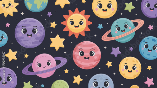 A cartoon style pattern featuring planets, suns, and stars on a dark blue space background design