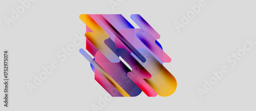 Abstract colorful shapes overlap, creating dynamic composition. Soft gradients blend purple, pink, yellow hues. Minimalist design on light gray background.