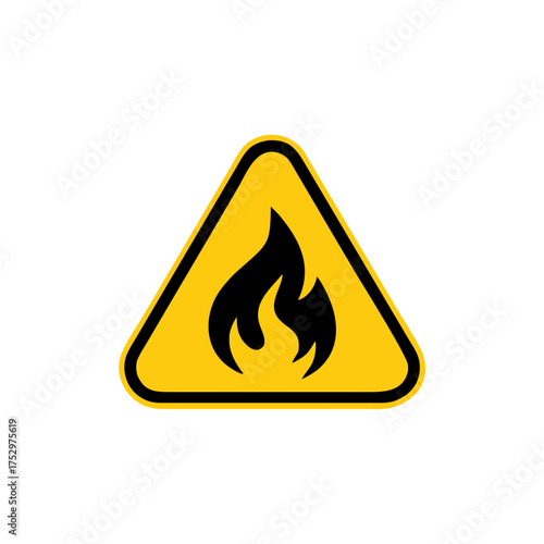 Fire warning sign on white. Fire warning sign in yellow triangle. Flammable, inflammable substances icon. Vector