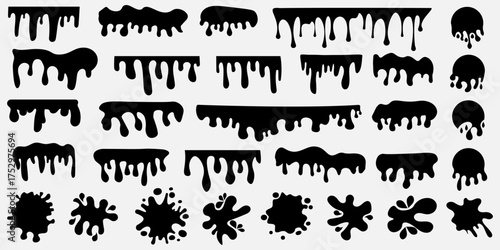 Liquid drips with splatter shapes. Black dripping borders and blobs for decoration. Design created for horror and grunge