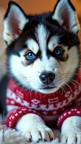 Wallpaper Mural A close-up of a young Siberian Husky puppy with striking blue eyes. The puppy has a black and white coat and is wearing a red sweater with a festive pattern. Torontodigital.ca