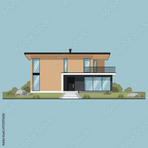 flat color of modern residential house building with large glass panels brown facade and small front yard with shrubs and rocks