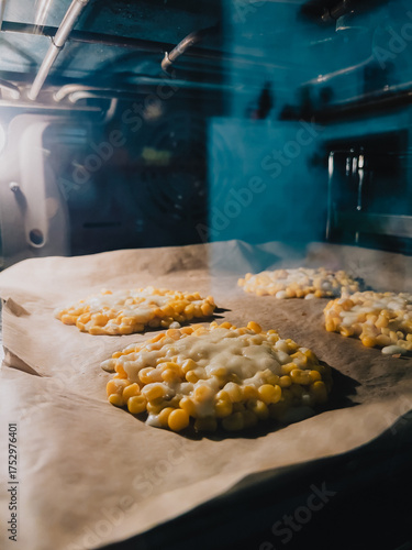 Delicious corn fritters baking in hot oven on parchment paper, filling kitchen with mouthwatering aroma while achieving perfectly golden brown texture and irresistible appeal. Golden corn fritters