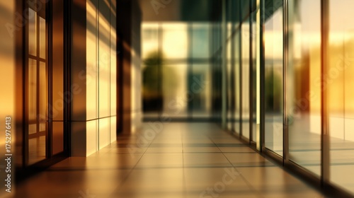 Modern office hallway with glass walls reflecting warm sunlight and greenery in the background