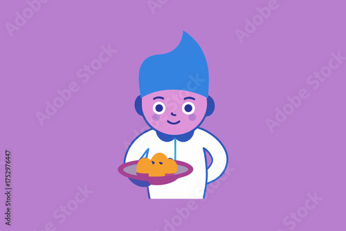 Cartoon boy chef with blue hair holding food on a plate