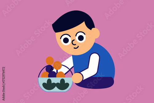 Cartoon boy holding basket of fruit with happy expression