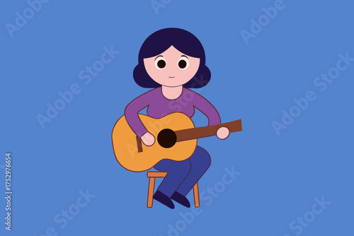 Cartoon woman playing an acoustic guitar on a stool