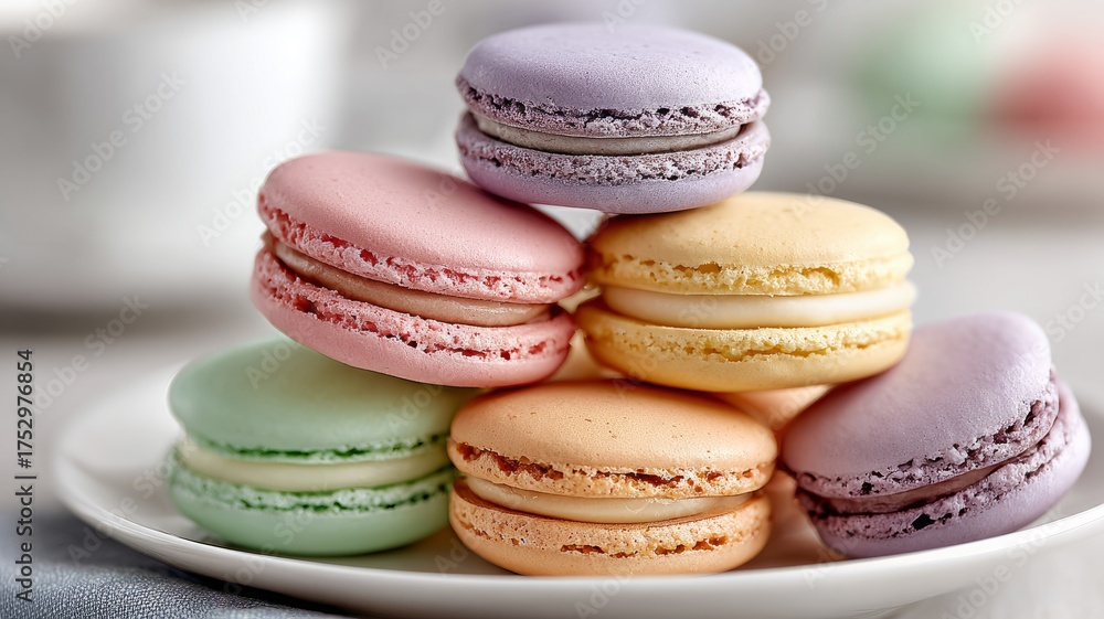 Obraz premium Colorful macarons stacked on a white plate in soft lighting.