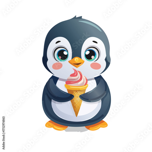 Cute penguin enjoys swirl ice cream cone
