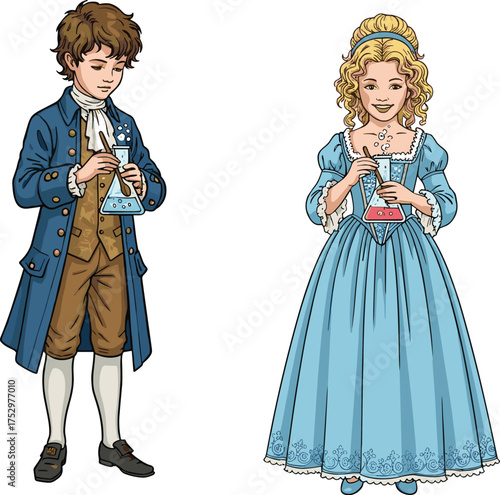 18th century scientists, historical fashion, blue liquid experiment, vintage chemistry, alchemy scene, elegant attire, scientific discovery, antique lab, period clothing