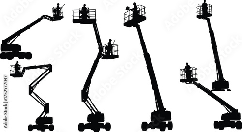 Boom lift silhouette, aerial work platform, cherry picker vector, construction equipment, elevated worker, industrial machinery, maintenance, safety, crane, basket