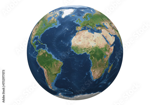 Isolated Earth globe showing continents, Africa, Europe, and South and North America