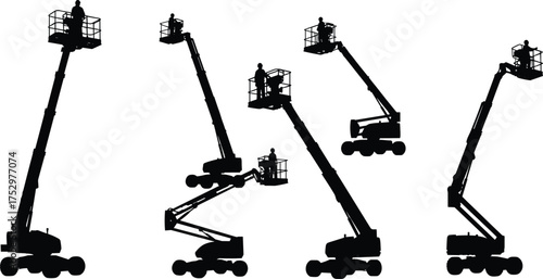Boom lift silhouettes, aerial work platforms, construction workers elevated, industrial machinery, maintenance access, cherry picker, mobile lift equipment, safety operation