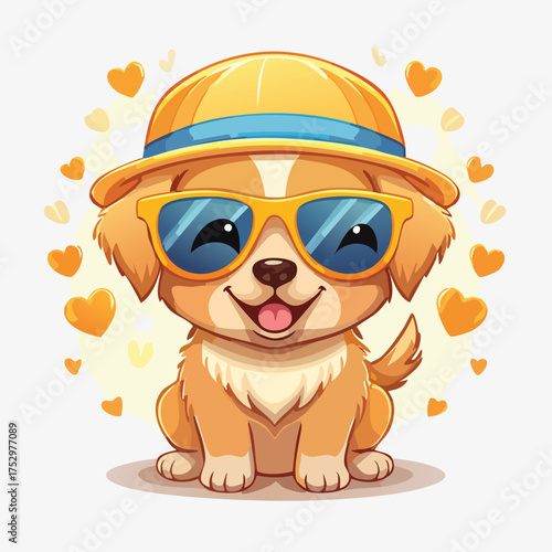 Happy pup in sunglasses wearing hat