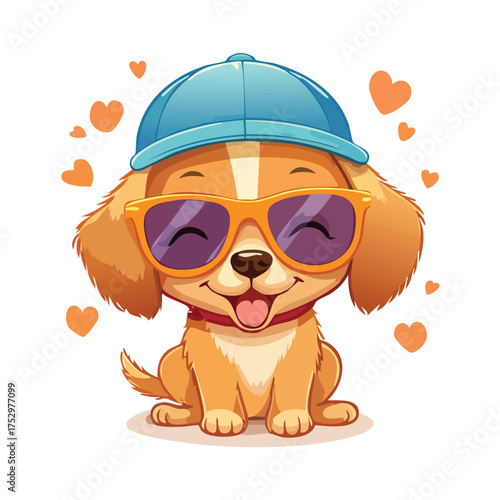 Playful dog with shades and cap surrounded by hearts