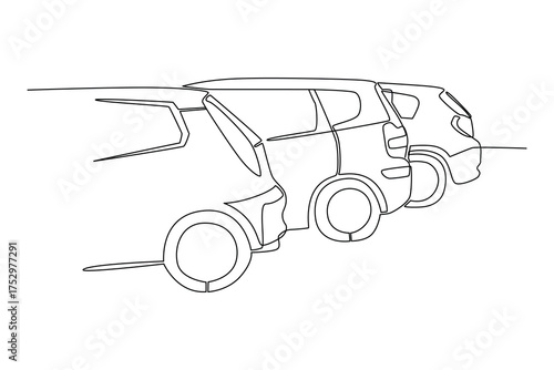Simple continuous line drawing of car parking from the rear view. Parking area minimalist concept, parking activity.