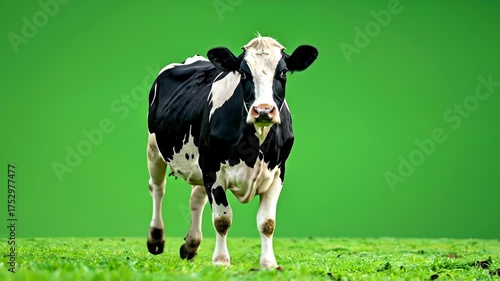 Black and White Dairy Cow Walking on a Green Screen Background.