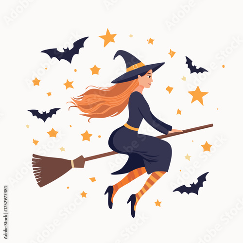 Witch on broom surrounded by stars bats