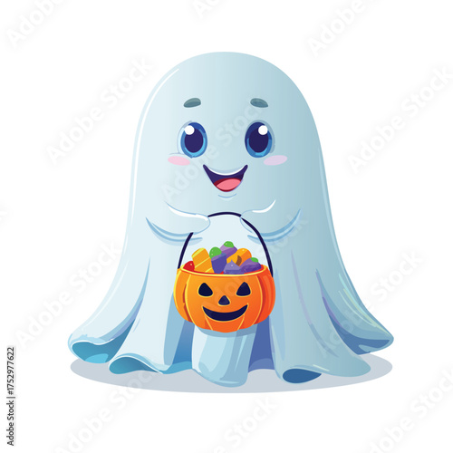 Smiling ghost holding candy filled jackolantern