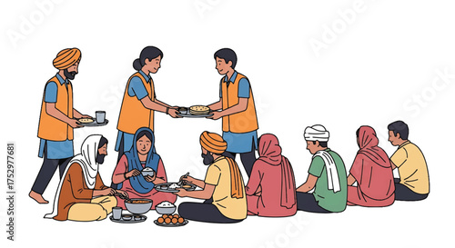 Illustration of people sitting and receiving food from volunteers in a community setting with a