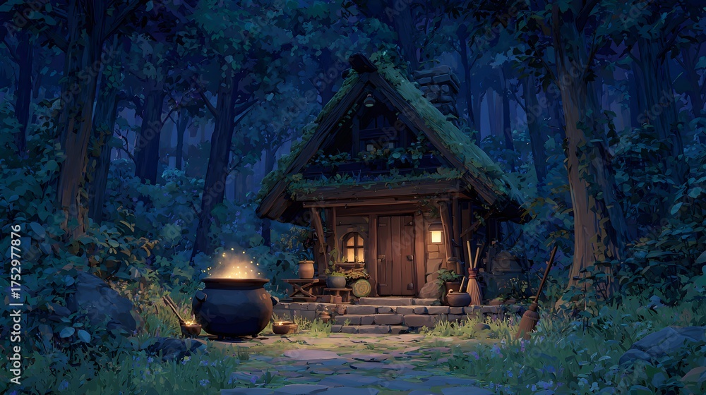 custom made wallpaper toronto digitalWitch’s hut deep in the forest, bubbling cauldron glowing through the window, broomsticks leaning on the porch