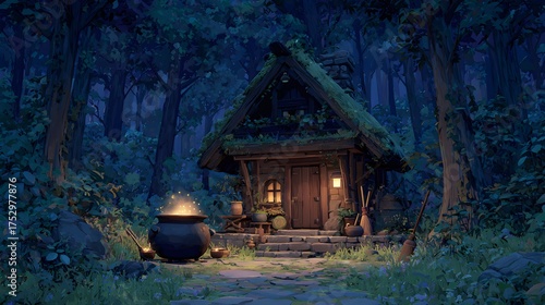 Witch’s hut deep in the forest, bubbling cauldron glowing through the window, broomsticks leaning on the porch