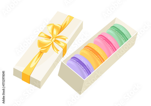 Colorful macarons in gift box. Vector cartoon flat illustration.