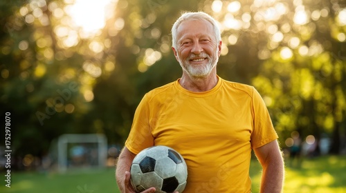 Joyful senior man in bright orange shirt holding soccer ball, smiling confidently in sunny park setting, embodying health, happiness, and active lifestyle in leisure activity
