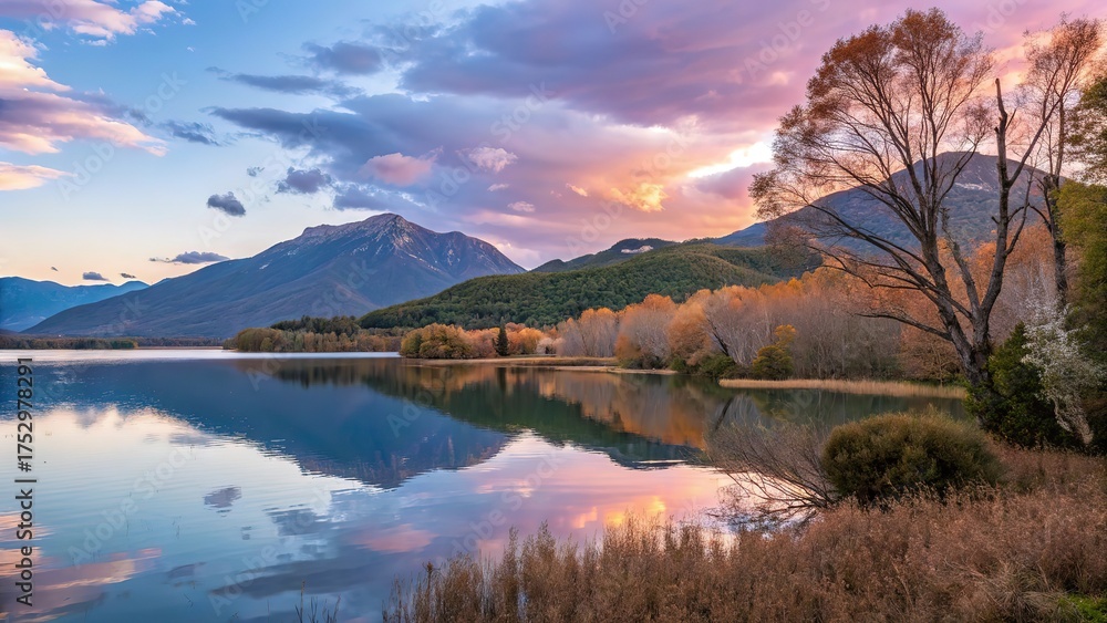 Obraz premium Scenic lake and mountain landscape at sunset, with colorful sky reflecting on water, concept for nature or outdoor beauty.