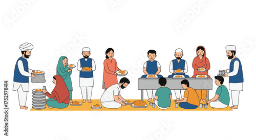 Illustration of diverse people working together in a food preparation setting with a vibrant color