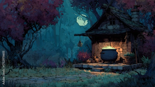 Witch’s hut deep in the forest, bubbling cauldron glowing through the window, broomsticks leaning on the porch