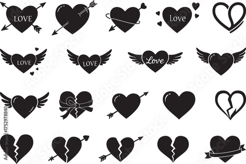 Black hearts love and broken heart silhouette vector icon set for tattoo print design