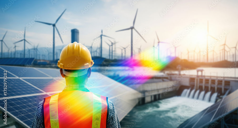 custom made wallpaper toronto digitalEngineer observes renewable energy infrastructure with solar panels, wind turbines, and hydroelectric dam facility. Multi source clean power generation combines photovoltaic, water electricity