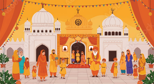 Illustration of a vibrant Indian temple scene with people gathered outside, featuring white domes