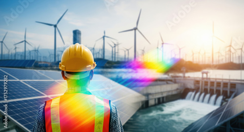 Engineer observes renewable energy infrastructure with solar panels, wind turbines, and hydroelectric dam facility. Multi source clean power generation combines photovoltaic, water electricity