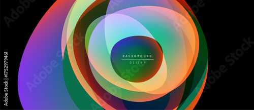 Abstract colorful layers create dynamic circular design. Vibrant hues blend, forming flowing visual experience. Modern, artistic composition.