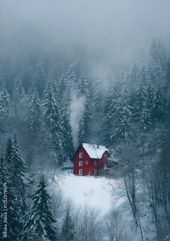 Naklejka premium Farmhouse in the woods during winter, surrounded by snow-covered trees