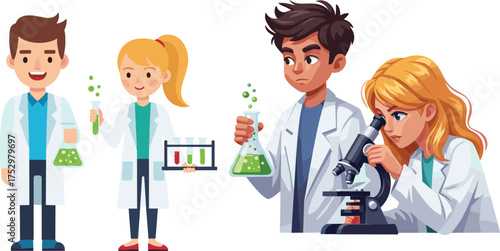 Cartoon scientists in lab coats, kids doing science experiment, STEM education, teamwork in laboratory, microscope, chemistry, test tubes, research, discovery