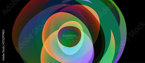 Abstract colorful layers create dynamic circular design. Gradient hues blend, forming modern background element. Minimalist text present.