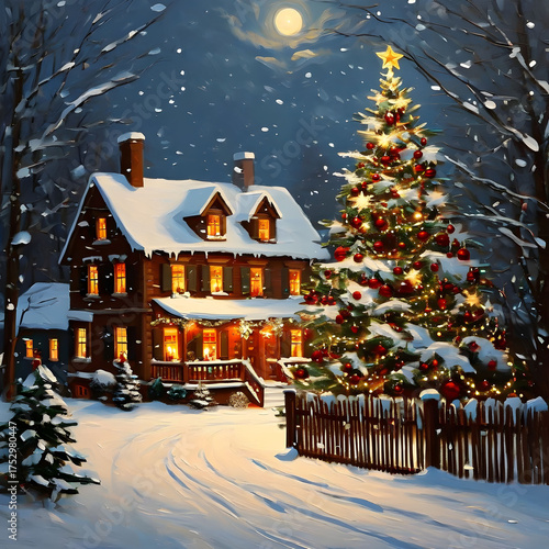 Illuminated house on Christmas Eve in beautiful snowy surroundings