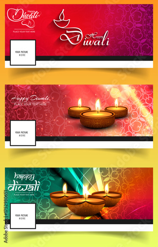 Happy Diwali Facebook cover template with glowing clay diya lamps, colorful festive backgrounds, light effect, festival of lights celebration banner design, editable vector social media post layout