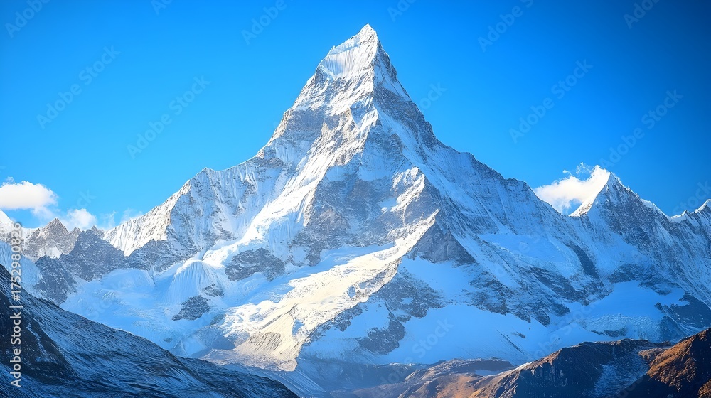 Obraz premium Majestic snowy mountain peaks under a clear blue sky. Winter landscape.